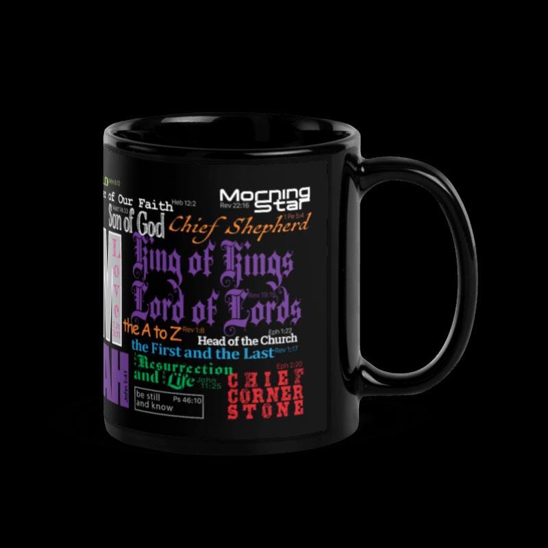 I AM names of God glossy Black Mug with 28 Old and New Testament names + references in vivid colors with fonts to capture your attention. - 11oz