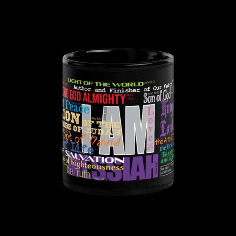 I AM names of God glossy Black Mug with 28 Old and New Testament names + references in vivid colors with fonts to capture your attention. - 15oz